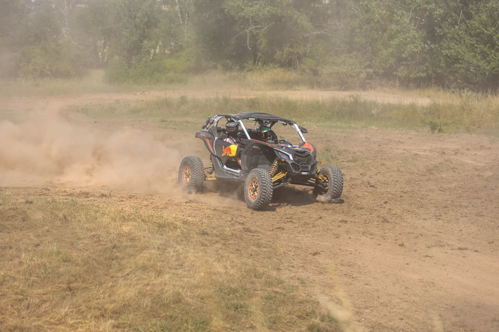 Buggy v dálce projíždí terénem u stromu